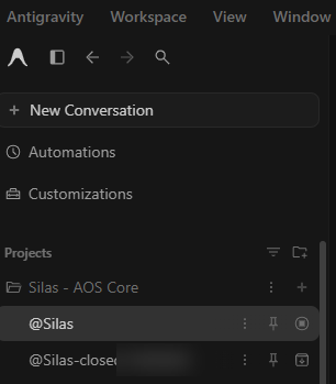 Screenshot of the Antigravity sidebar inside Silas - AOS Core showing @Silas-closed [Archived] archived below the brand-new @Silas conversation tab.