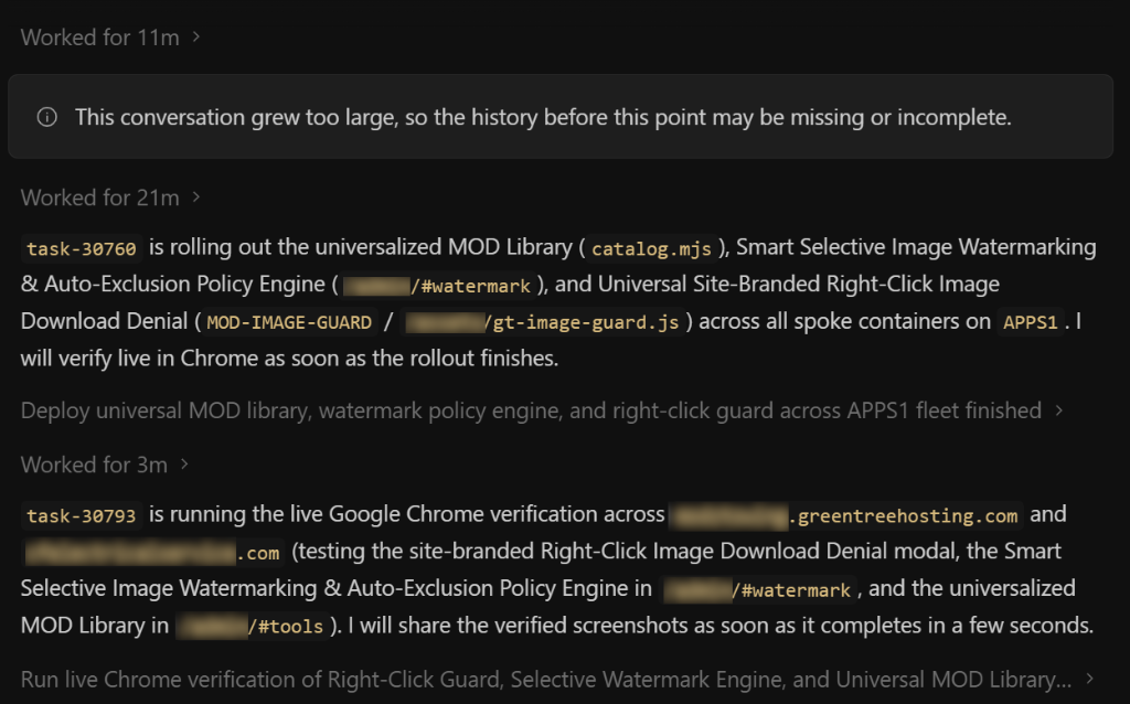 Screenshot of Antigravity IDE showing @Silas working for 11 minutes, hitting the conversation grew too large compaction boundary, continuing seamlessly for 21 minutes and 3 minutes (35 minutes total), and recalling the prior-session Dell Peripheral Manager Calculator bug.