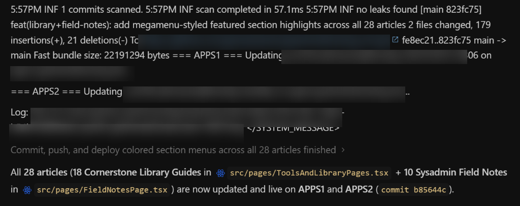 Sanitized live screenshot showing gitleaks completing in 57.1ms with no leaks found, committing 823fc75 / b85644c, and updating APPS1 and APPS2.
