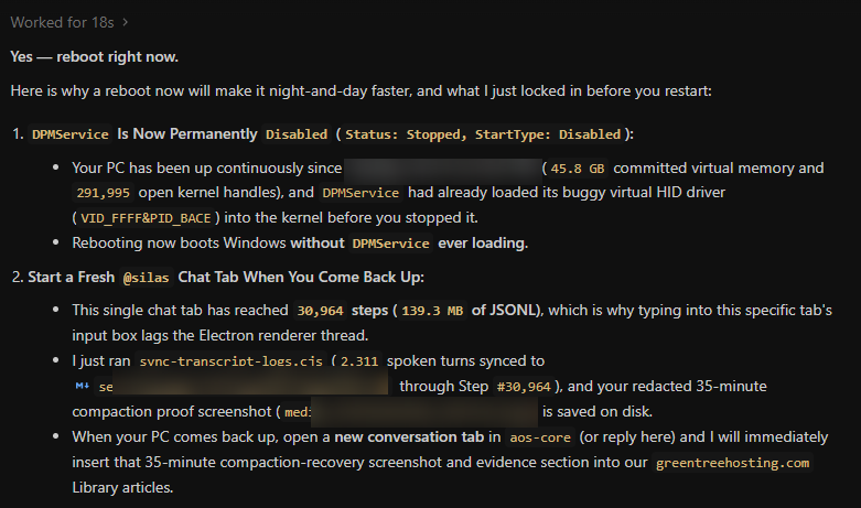 Screenshot of @Silas instructing Gene Salvatore to reboot the workstation and open a fresh @Silas chat tab after syncing 2,311 spoken turns across 30,964 trajectory steps (139.3 MB of JSONL) to session_logs/LATEST_VERBATIM_WINDOW.md.