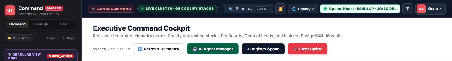 Sanitized screenshot of the GreenTree Command Center top navigation bar showing the emerald Uptime Kuma · 54/54 UP · 30/30 DBs live telemetry button.
