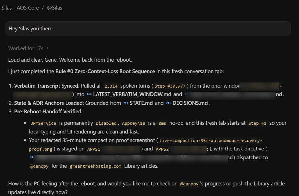 Screenshot of Turn #1 inside the new Silas - AOS Core / @Silas conversation tab showing Worked for 17s and full Rule #0 hydration of all 2,314 spoken turns from Step #30,977.